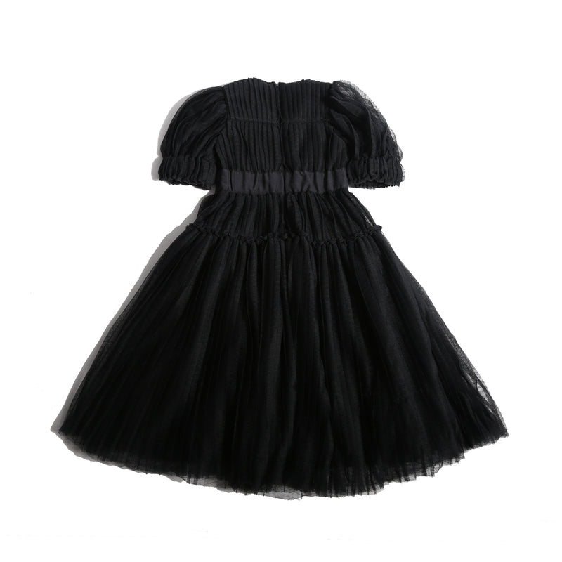 girls black pleated tulle gown dress with sleeves