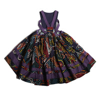 girls cotton apron dress in all over print with purple stripes