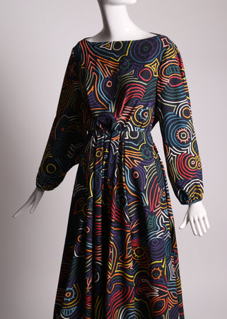 women's long sleeve gown in cotton corduroy with all over print