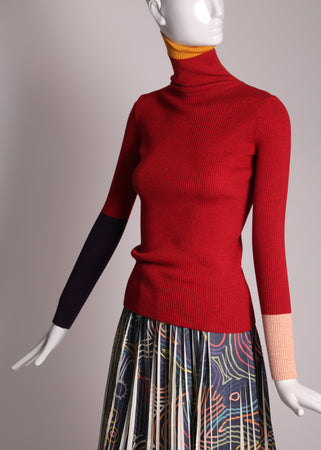 women's wool knit ribbed red turtleneck with patchwork sleeves