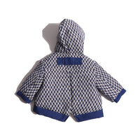 baby padded winter coat in blue and white herringbone wool fabric with hood