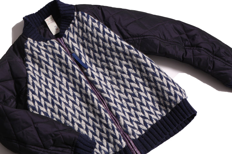 boys blue and white patchwork taffeta and wool bomber jacket