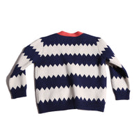 boys cotton knit cardigan with white and blue zig zag stripes