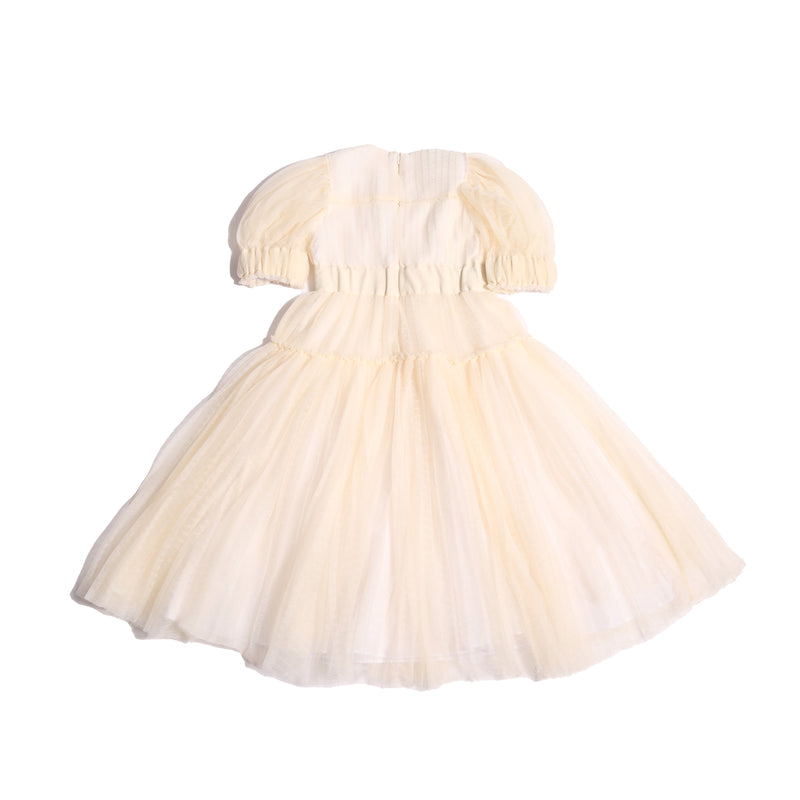 girls white pleated tulle gown dress with sleeves