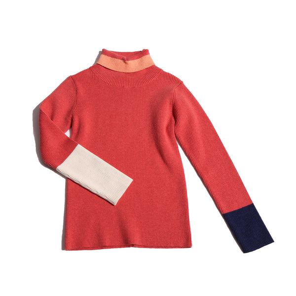 girls cotton knit ribbed red turtleneck with patchwork sleeves