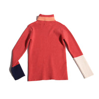 girls cotton knit ribbed red turtleneck with patchwork sleeves