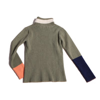 girls cotton knit ribbed green turtleneck with patchwork sleeves