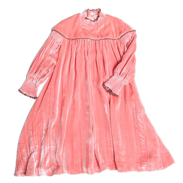 girls long sleeve frock dress with smocked mock neck in pink silk velvet