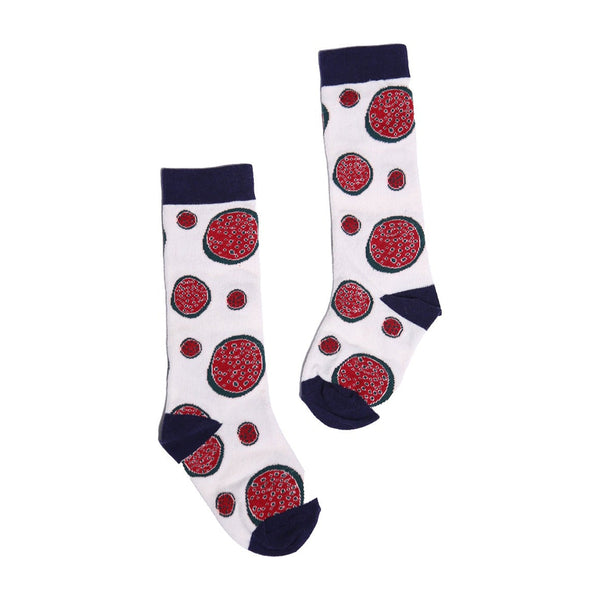 white socks with red pomegranate design