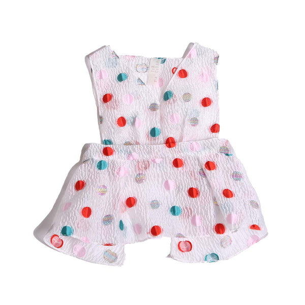 apron, sleeveless, shirt, girls, polka dot, pink, red, teal, white, front