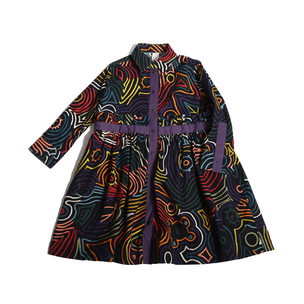 girls button down long sleeve collared shirt dress in cotton corduroy with all over print