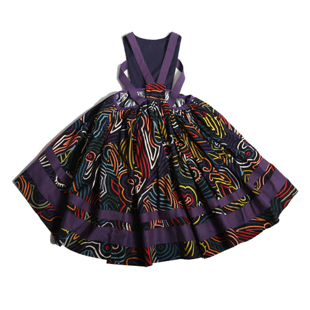 girls cotton apron dress in all over print with purple stripes