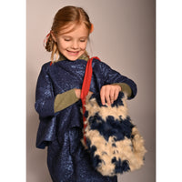 kids blue and white faux fur tote bag with red strap