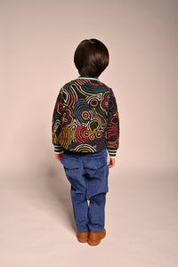 boy wearing cotton corduroy padded sweatshirt with all over print