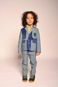 boy wearing blue cotton patchwork blazer jacket