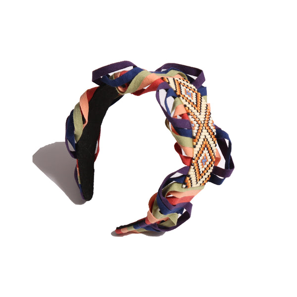 headband with multicolored ribbon loops and geometric beading