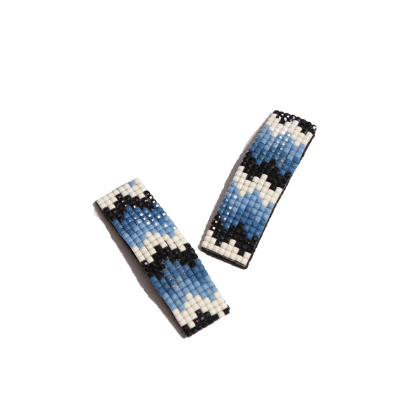 set of blue hair clips with geometric zig zag beading