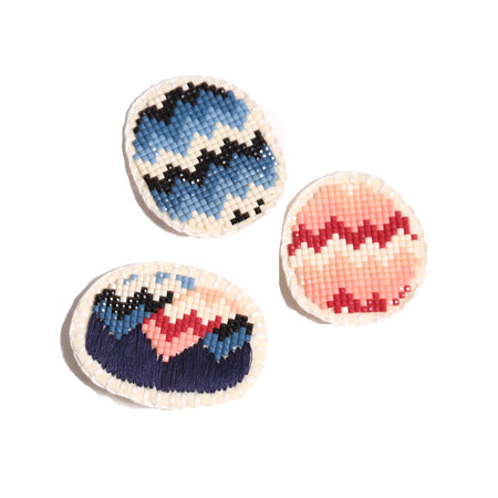 set of 3 brooches with pink and blue beading