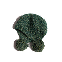 baby hand knit green yarn winter hat with pom poms