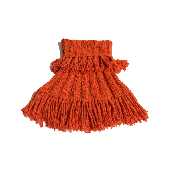 orange hand knit wool slip over shrug with tassels