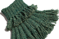 green hand knit wool slip over shrug with tassels