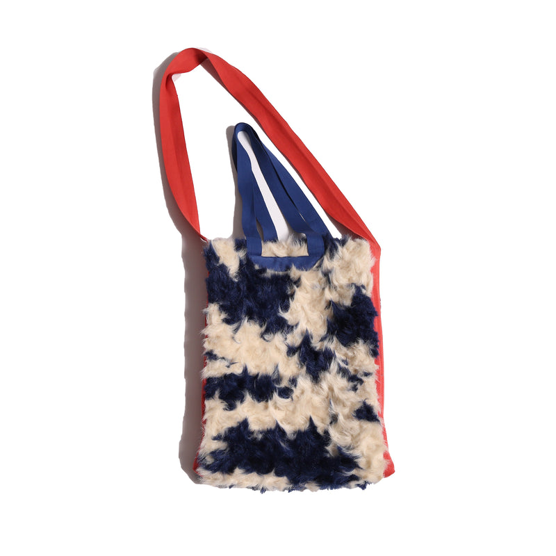 blue and white faux fur tote bag with red strap by TiA CiBANi