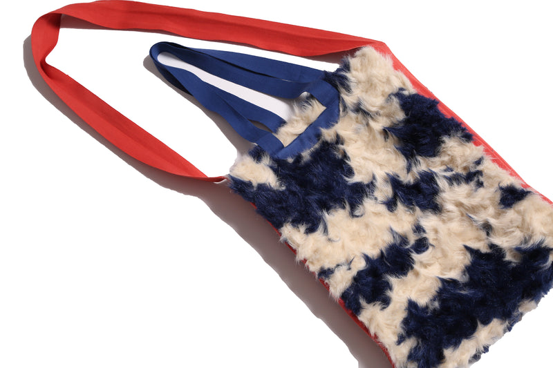 blue and white faux fur tote bag with red strap by TiA CiBANi