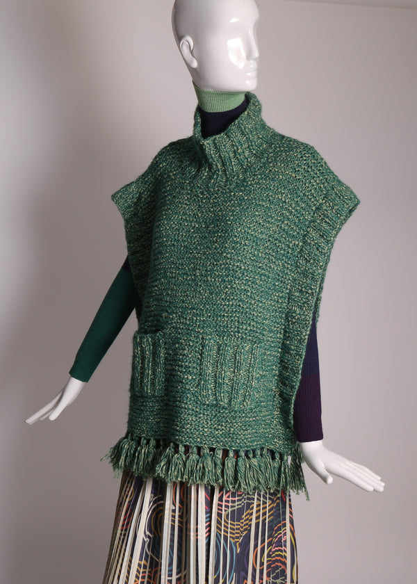 women's hand knit green wool poncho with fringe