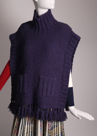 women's hand knit purple wool poncho with fringe