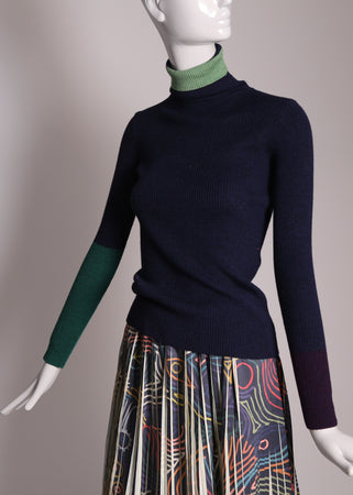 women's wool knit ribbed blue turtleneck with patchwork sleeves