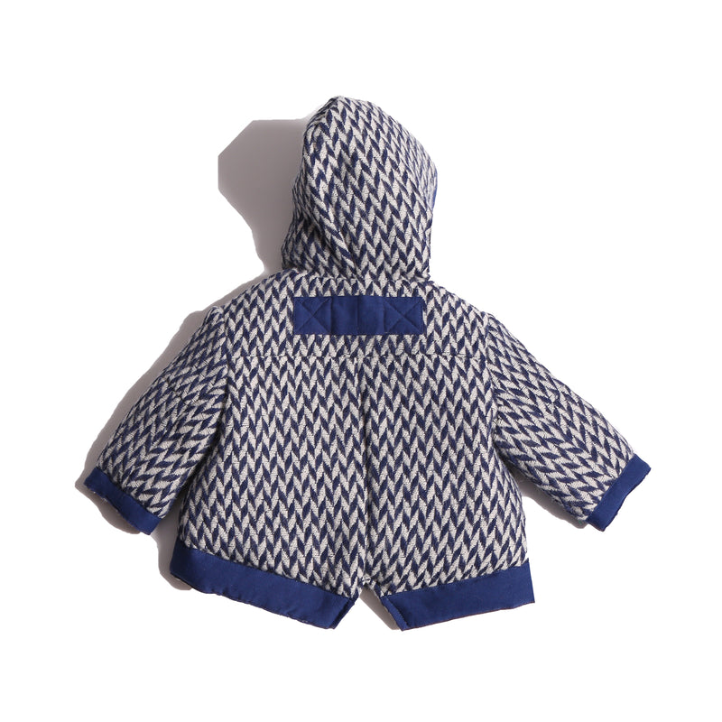baby padded winter coat in blue and white herringbone wool fabric with hood