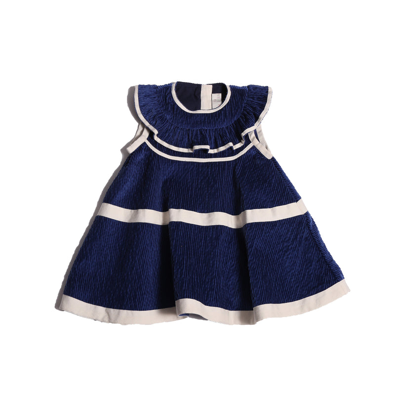 baby corduroy blue dress with white ribbon stripes going across