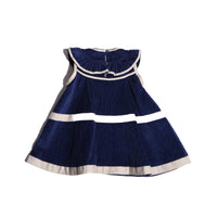 baby corduroy blue dress with white ribbon stripes going across