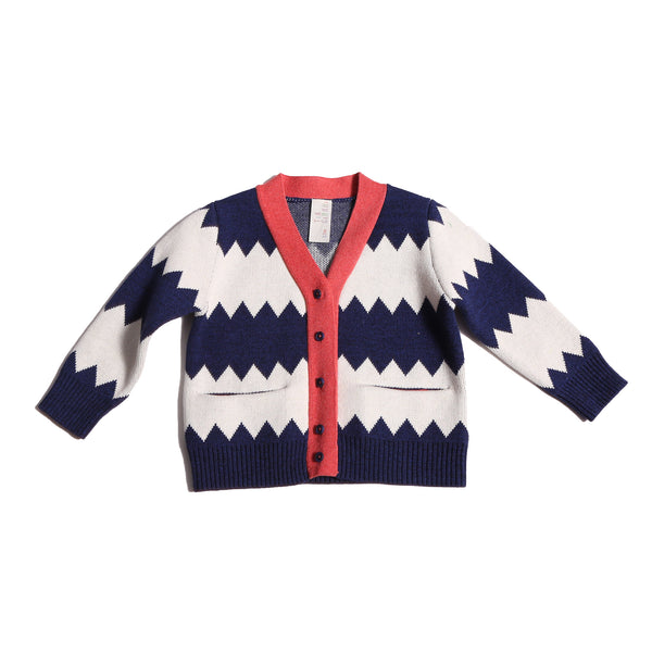 baby knitted cotton cardigan with blue and white zig zag stripes