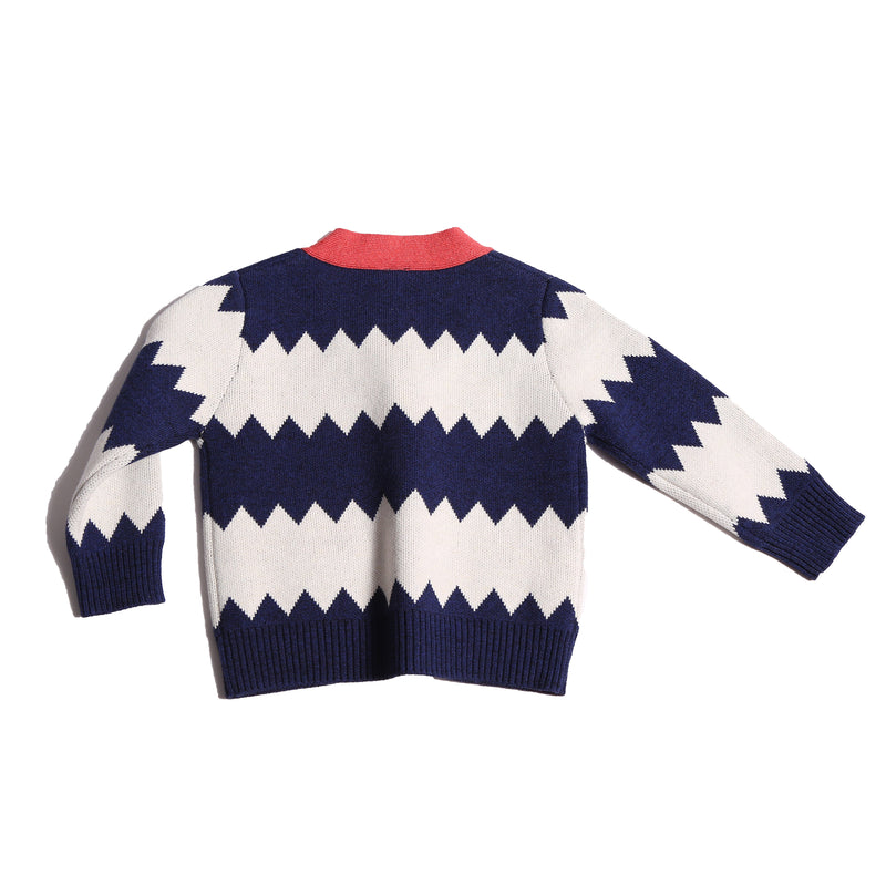 baby knitted cotton cardigan with blue and white zig zag stripes