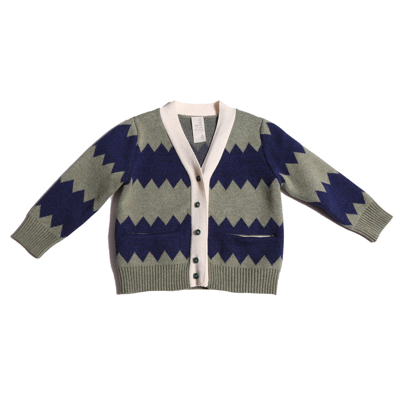 baby knitted cotton cardigan with blue and green zig zag stripes