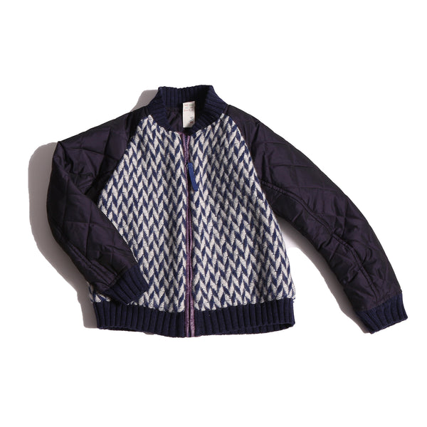 boys blue and white patchwork taffeta and wool bomber jacket