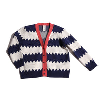 boys cotton knit cardigan with white and blue zig zag stripes