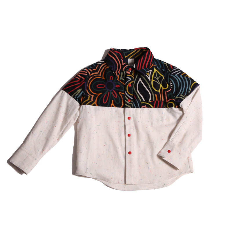 boys white button up collared shirt with printed fine corduroy on the shoulders
