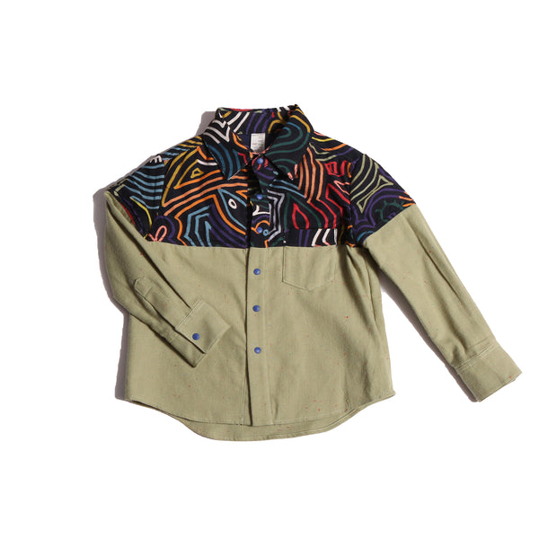 boys green button up collared shirt with printed fine corduroy on the shoulders
