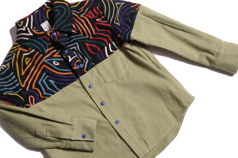 boys green button up collared shirt with printed fine corduroy on the shoulders