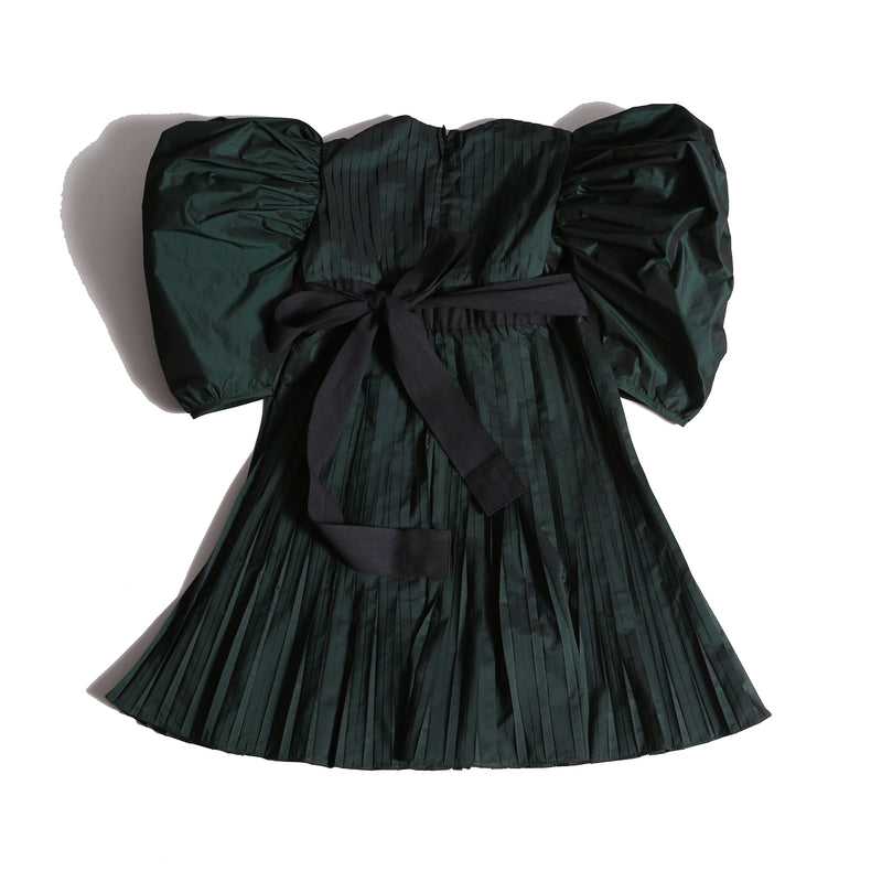 girls dark green pleated taffeta dress