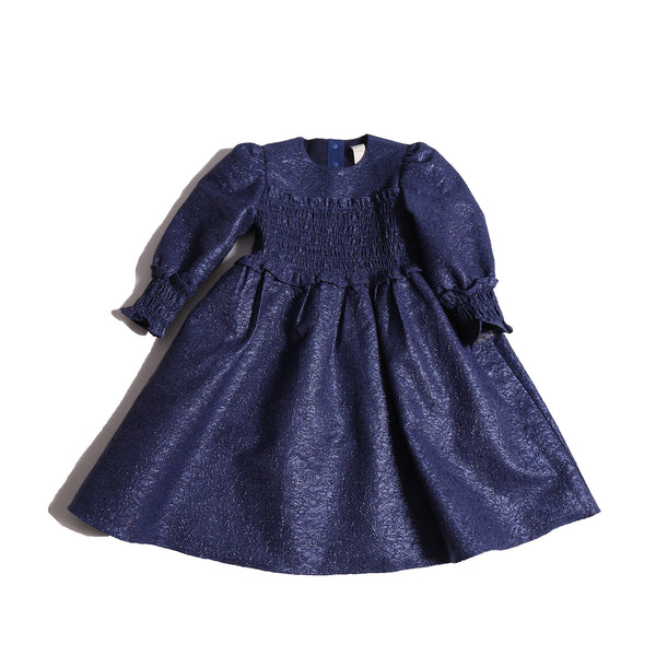 girls blue sparkly smocked dress with long sleeves