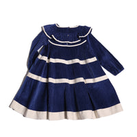 girls blue cotton corduroy dress with sleeves and white stripes