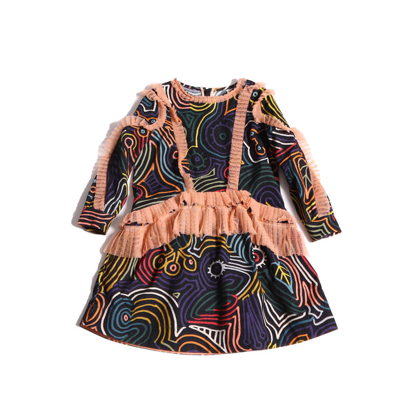girls cotton corduroy long sleeve dress in all over print with pink tulle trim