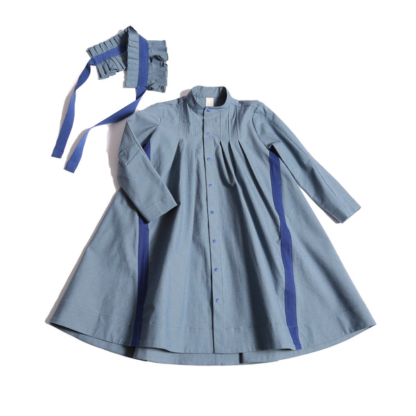 Blue cotton long sleeve dress with detachable pleated collar by TiA CiBANi