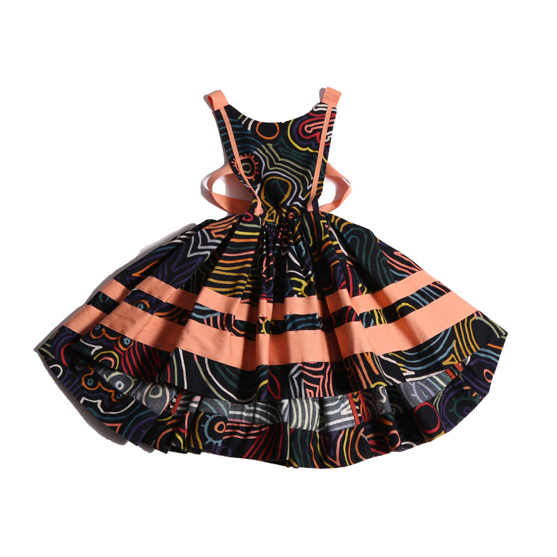 girls cotton apron dress in all over print with pink stripes