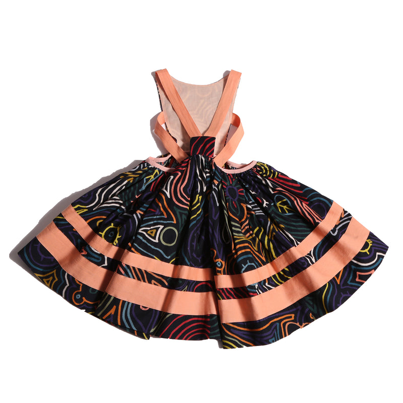 girls cotton apron dress in all over print with pink stripes