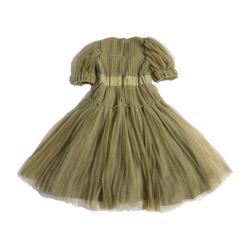 girls green pleated tulle gown dress with sleeves