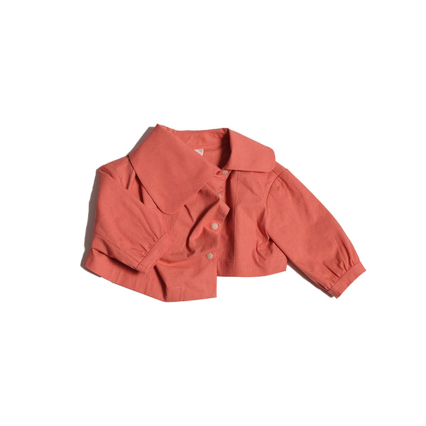 Cropped 3/4 sleeve jacket in red cotton fabric with snap buttons by TiA CiBANi